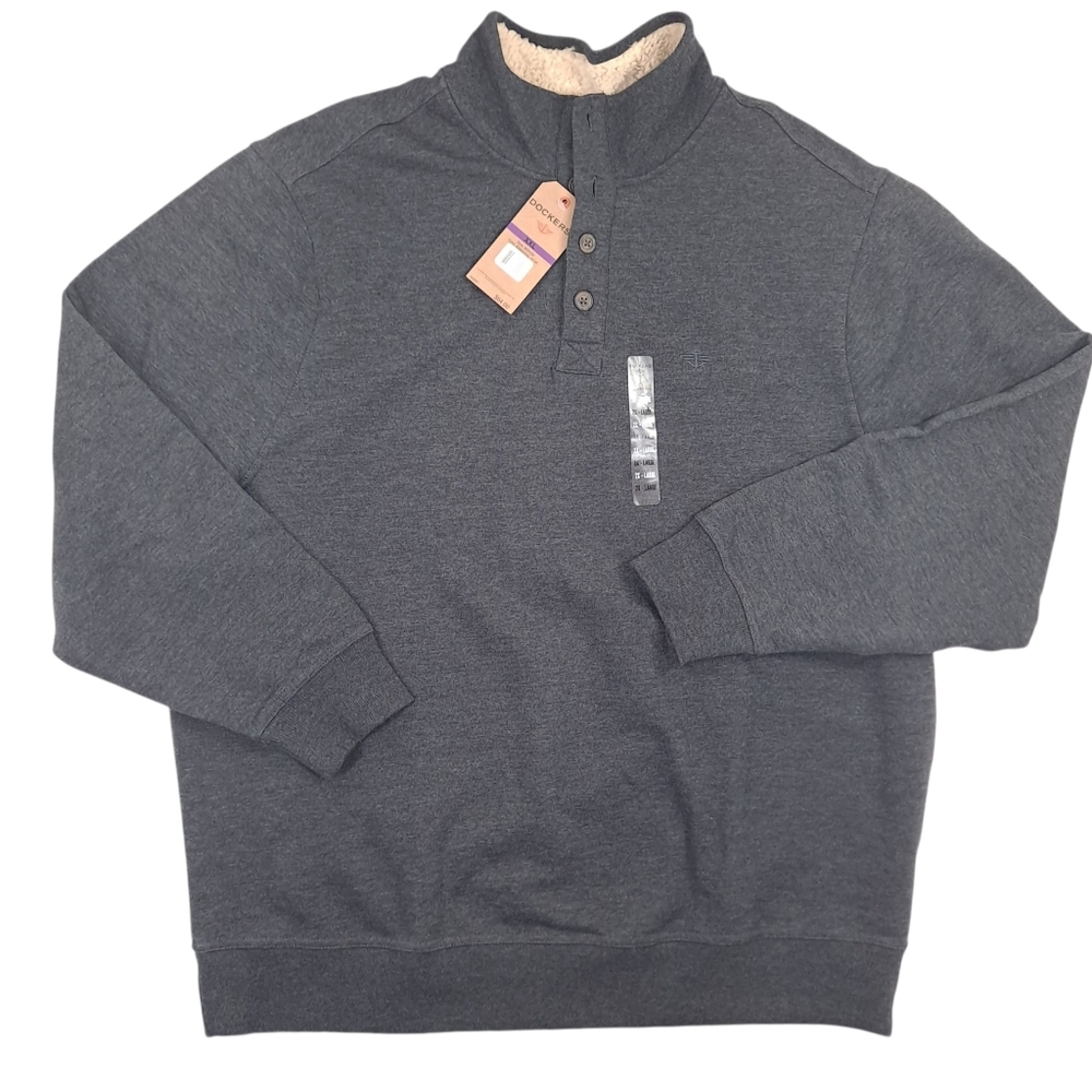 Dockers Men’s Gray Pullover 1/4 Button Fleece Lined Sherpa Mock Collar - Sz XXL